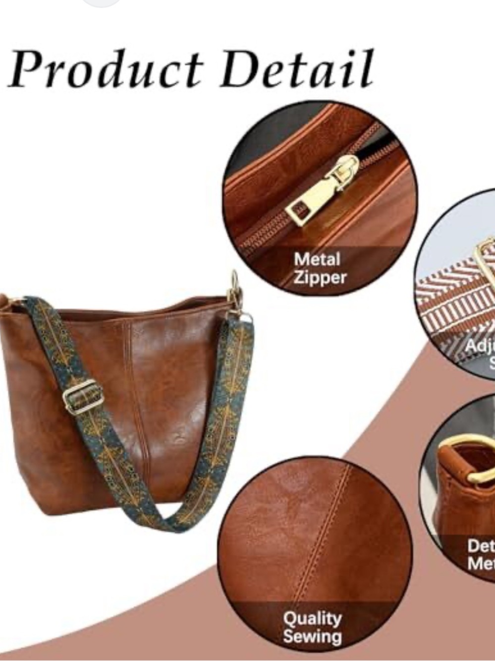 #2816*”9x12”Brown Leather Crossbody Bag with Patterned Adjustable Strap - Picture 7 of 17